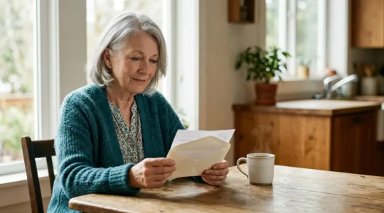 A thoughtful senior reviewing financial documents at a kitchen table with natural window light highlighting the contemplative moment of checking benefit eligibility
