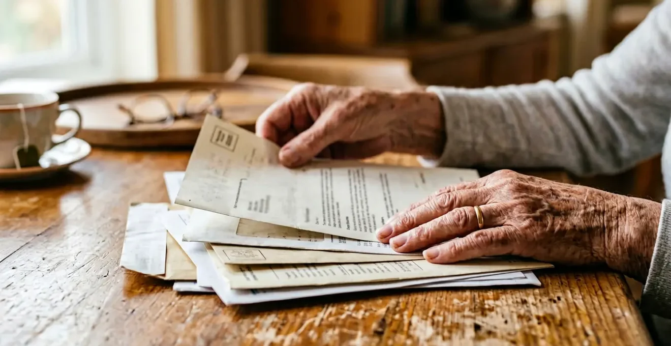 Close-up of elderly hands reviewing financial documents and benefit letters with warm natural lighting