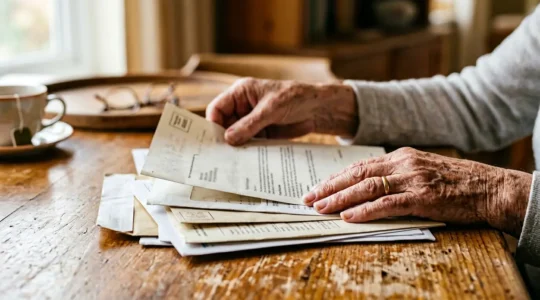 Close-up of elderly hands reviewing financial documents and benefit letters with warm natural lighting