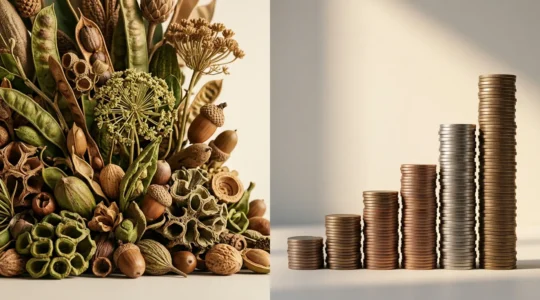 Professional photograph showing pension wealth building concept with natural elements representing growth and strategic choice