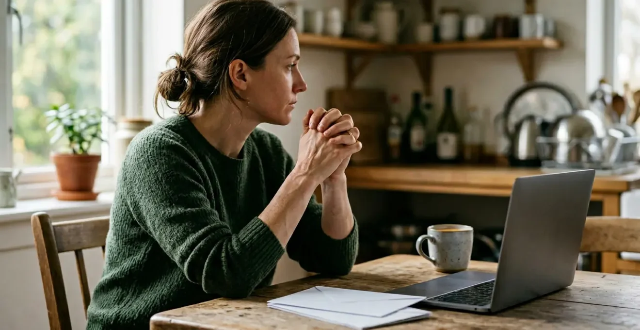 Person reviewing financial documents with worried expression in natural home setting