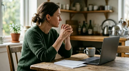 Person reviewing financial documents with worried expression in natural home setting