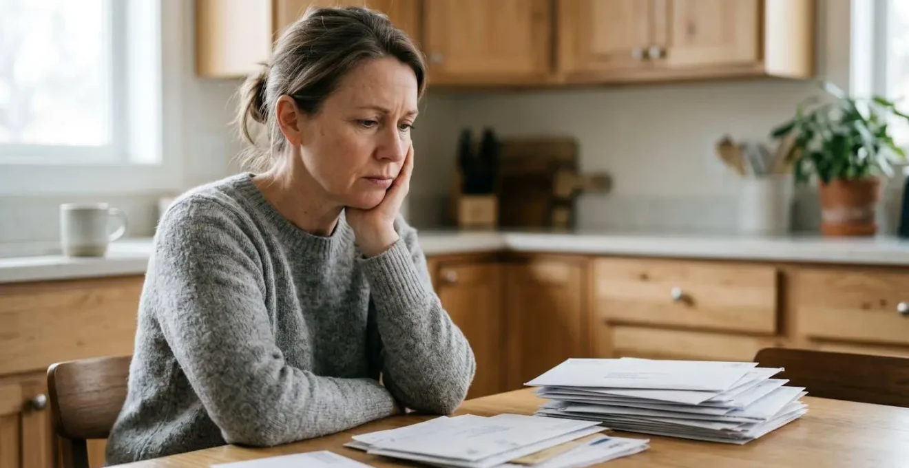 Person reviewing financial documents with concerned expression in natural home setting
