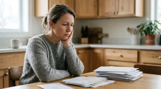 Person reviewing financial documents with concerned expression in natural home setting