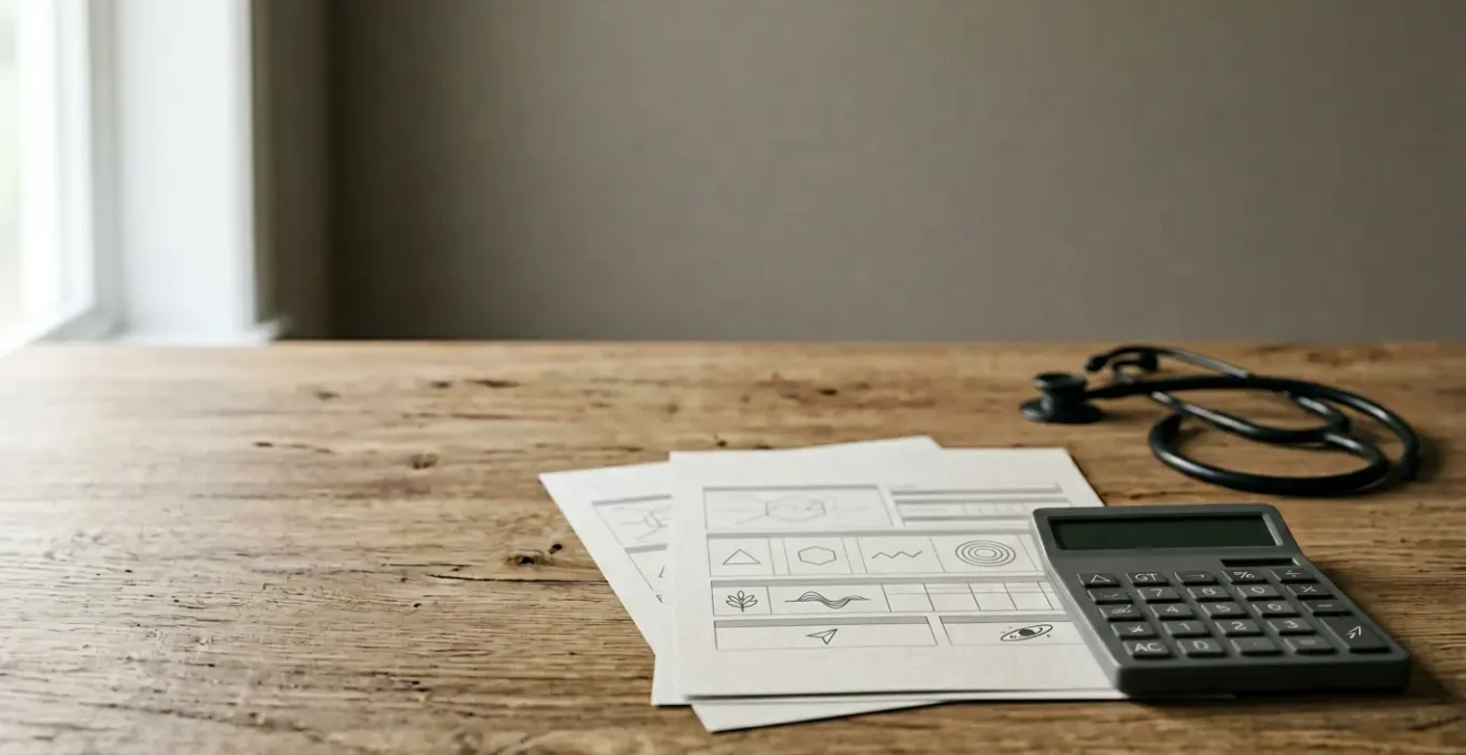 A clean desk scene showing financial planning documents with medical insurance forms, a calculator, and a clear pathway symbolizing prevention and preparedness against medical billing shortfalls.