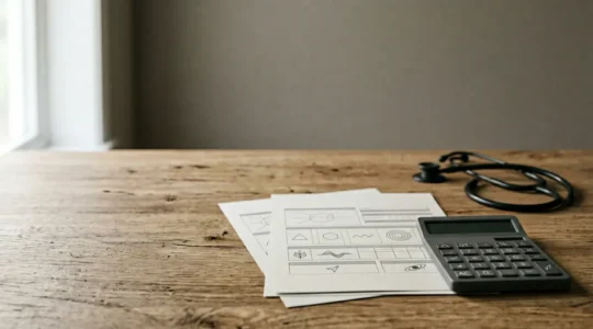 A clean desk scene showing financial planning documents with medical insurance forms, a calculator, and a clear pathway symbolizing prevention and preparedness against medical billing shortfalls.