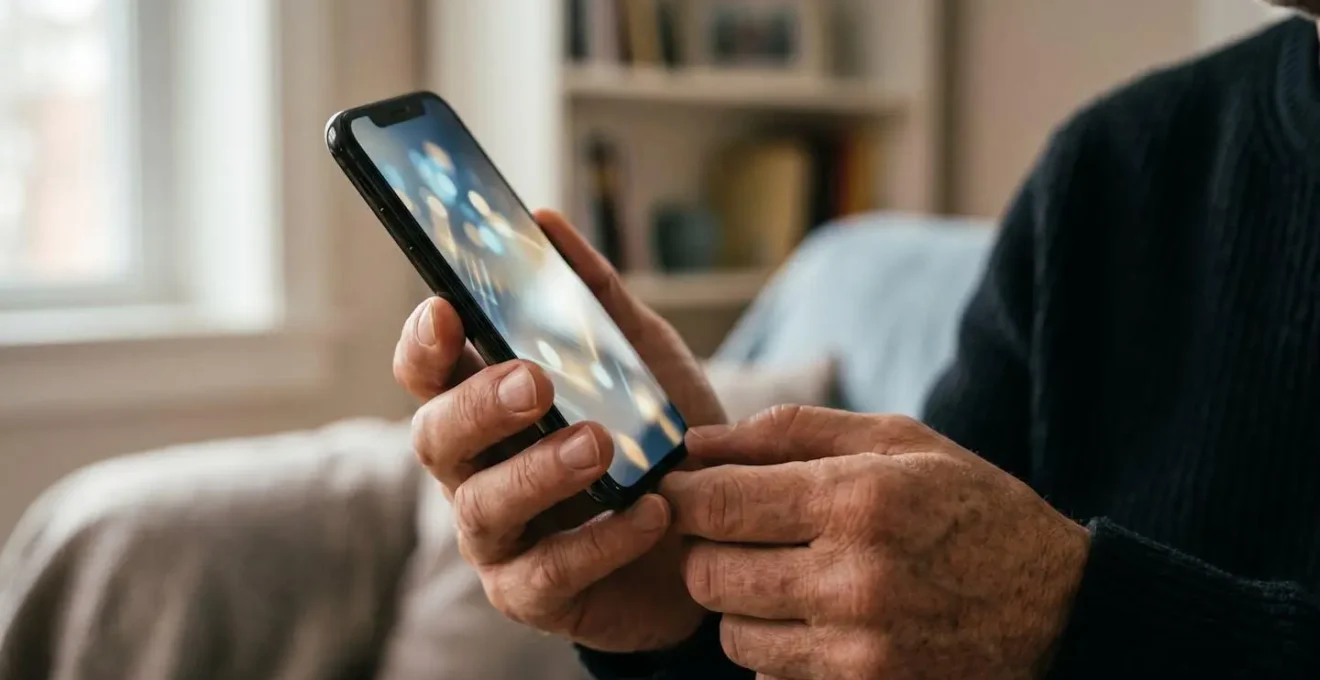 Hands holding smartphone with biometric security scanning protecting digital banking app interface