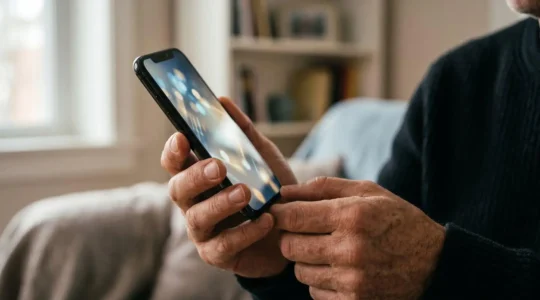 Hands holding smartphone with biometric security scanning protecting digital banking app interface