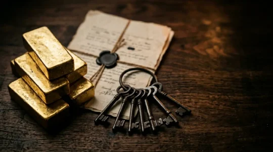Physical gold bars and property deeds arranged on a polished surface with dramatic lighting emphasizing wealth preservation
