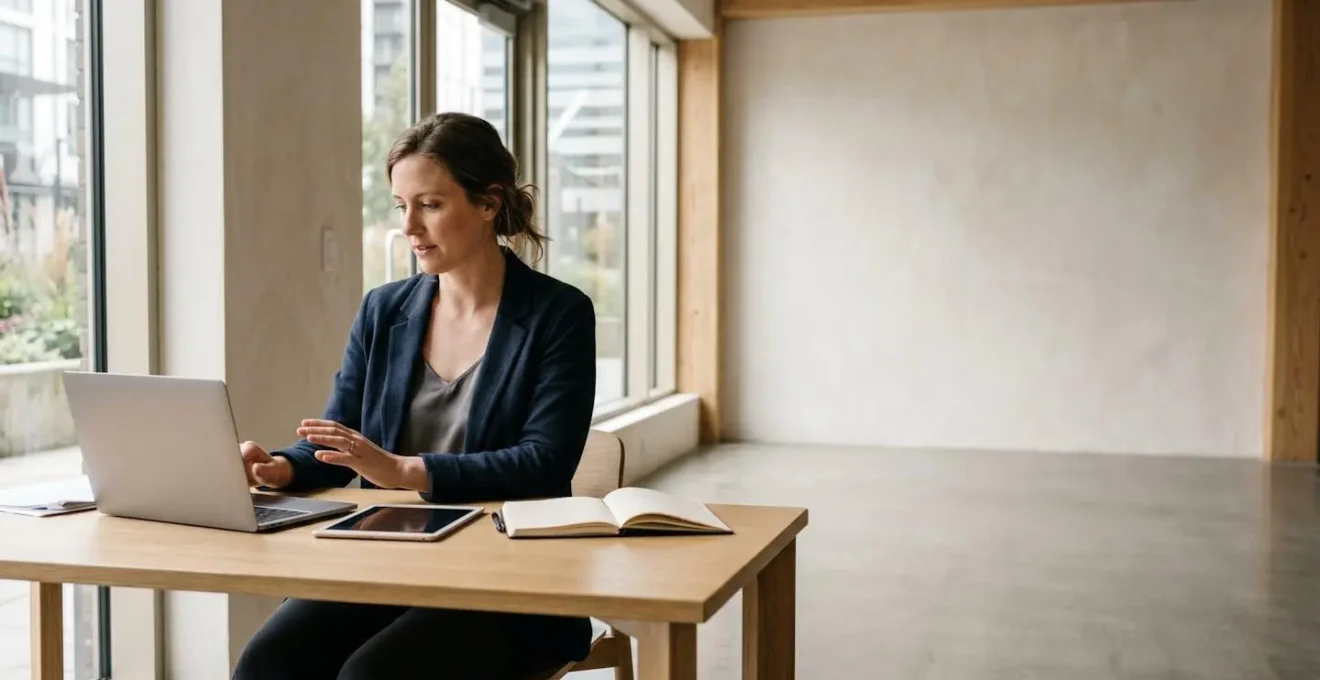Business owner reviewing loan documents with digital banking interface in modern office environment