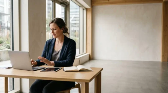Business owner reviewing loan documents with digital banking interface in modern office environment
