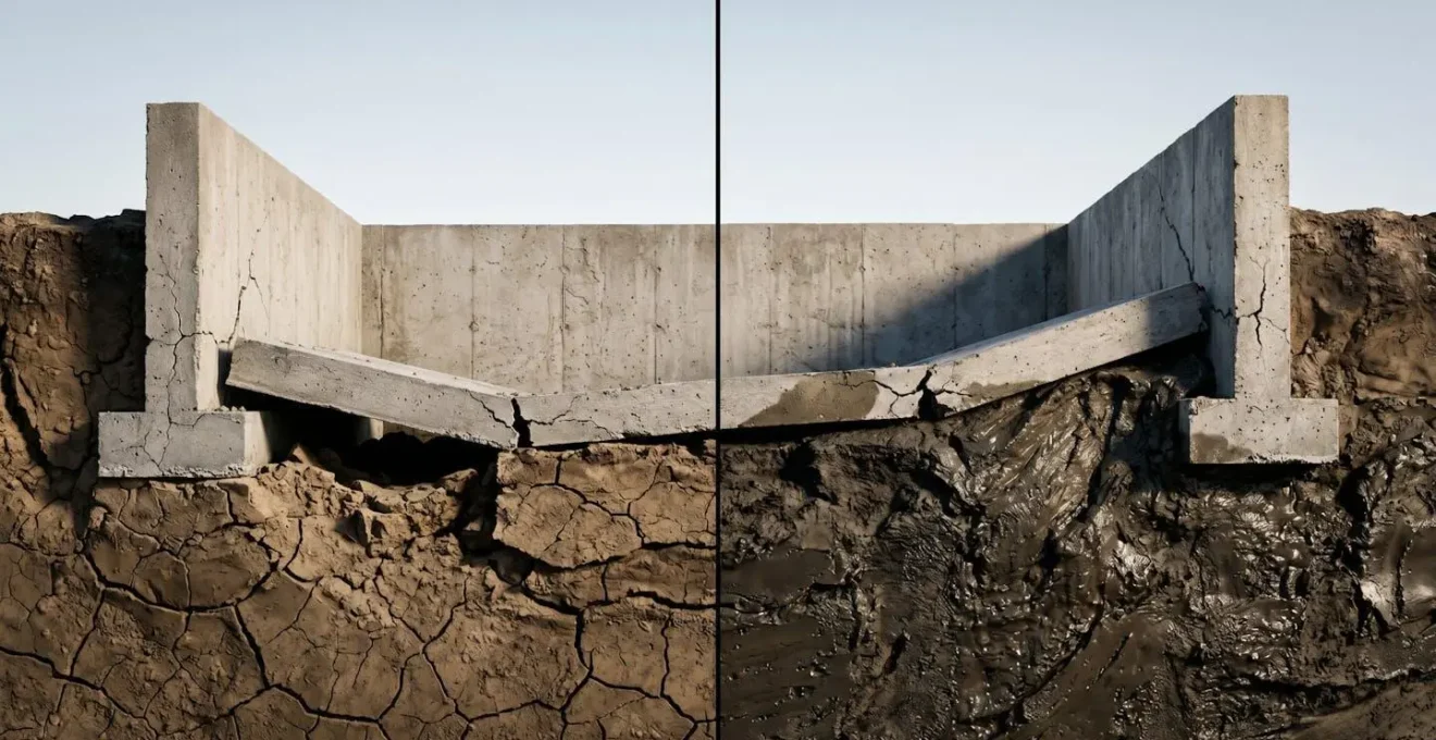 Split foundation showing downward subsidence movement on one side and upward heave movement on the other, with clay soil layers visible beneath