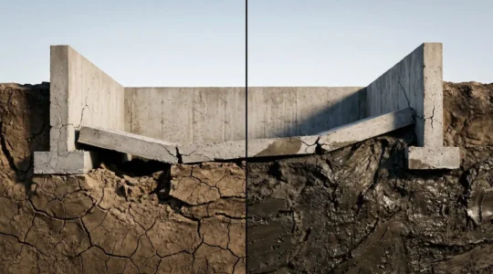 Split foundation showing downward subsidence movement on one side and upward heave movement on the other, with clay soil layers visible beneath