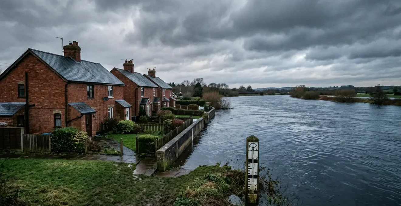 Homeowner reviewing flood insurance documents near riverside property in flood zone area