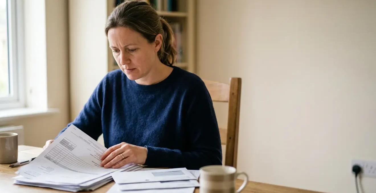 A person reviewing medical bills and insurance documents with a concerned expression in a modern UK healthcare setting