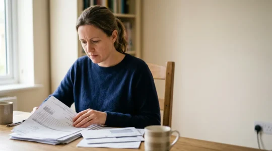 A person reviewing medical bills and insurance documents with a concerned expression in a modern UK healthcare setting