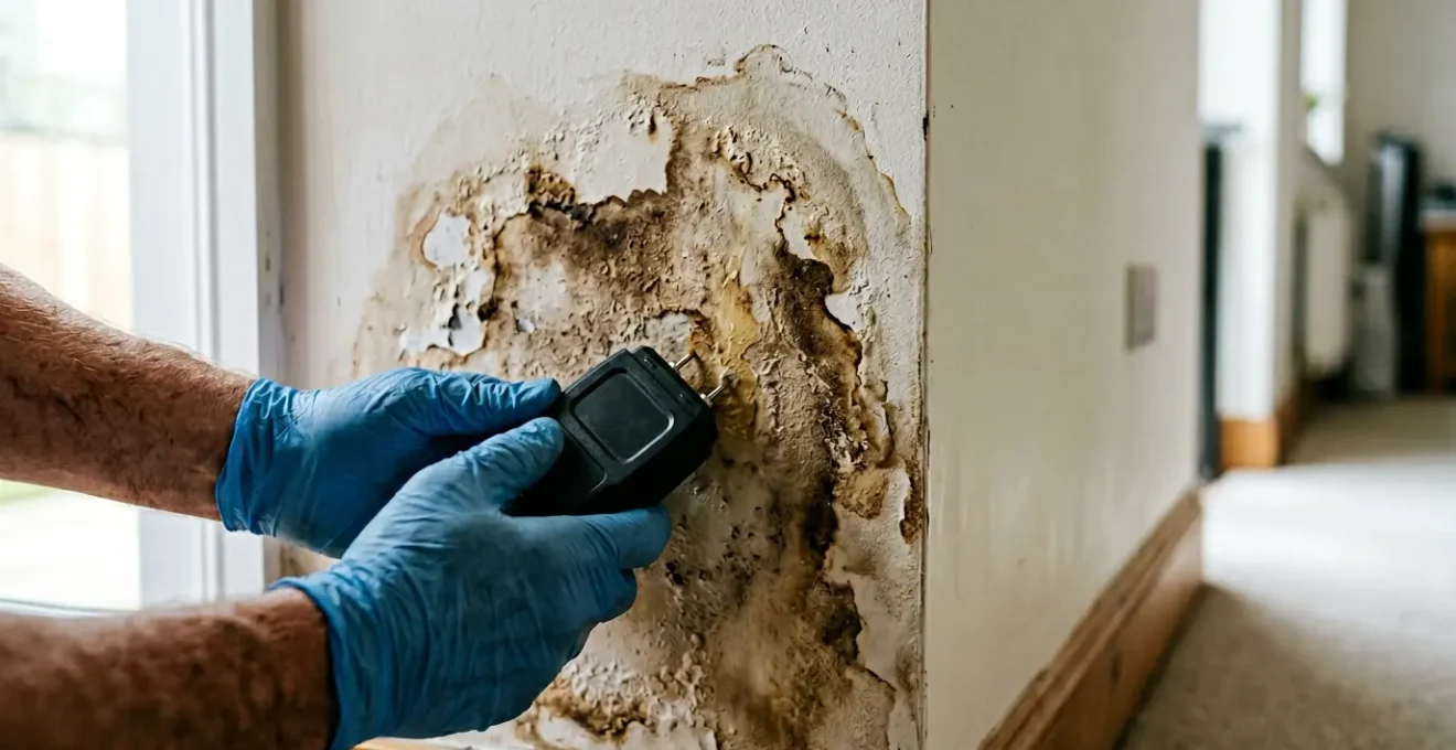 Professional editorial photograph showing water damage documentation process in home insurance context