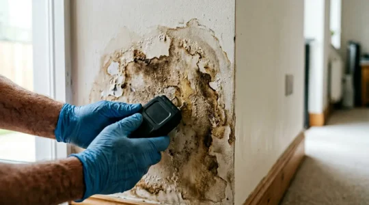 Professional editorial photograph showing water damage documentation process in home insurance context