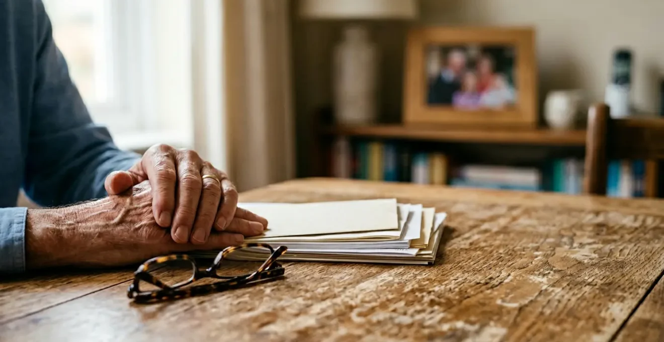 Elderly person reviewing life insurance documents in warm natural light with family photographs nearby