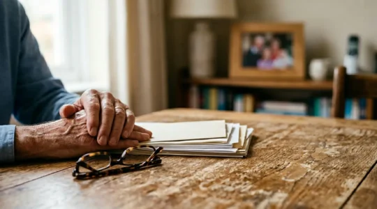 Elderly person reviewing life insurance documents in warm natural light with family photographs nearby