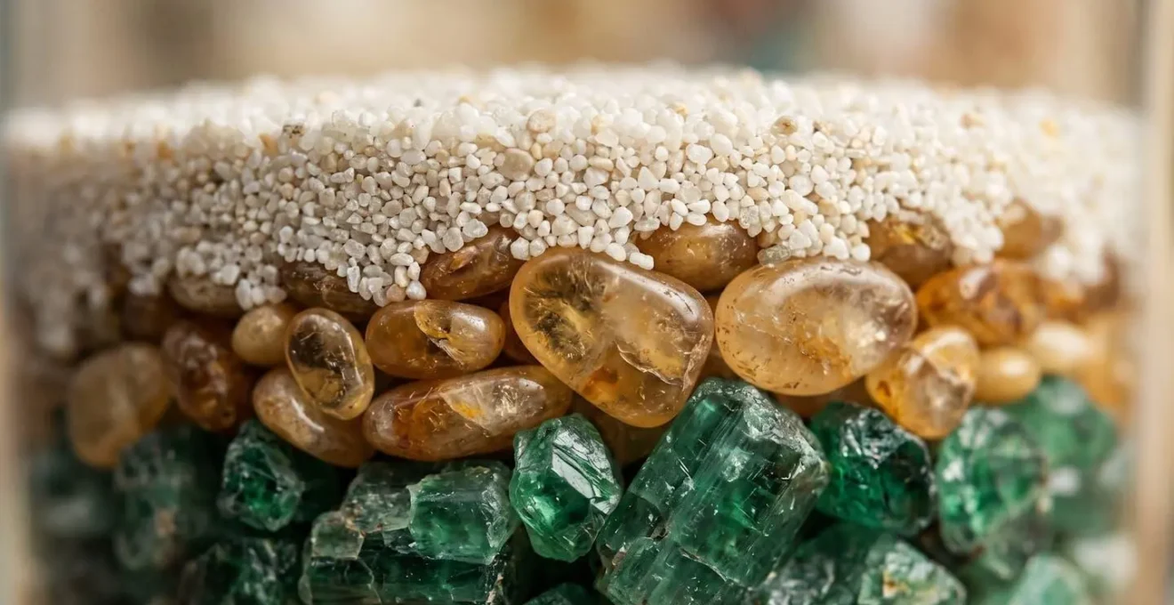 A three-tier asset allocation system showing layers of sand, stones, and crystals, representing cash, bonds, and equities for retirement income.