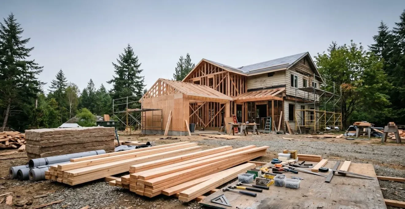 Construction materials and renovation work in progress at residential property