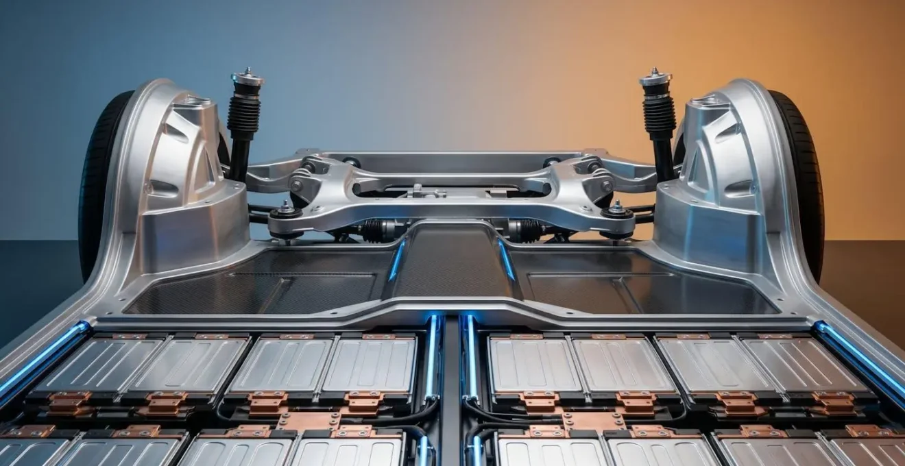 Modern electric vehicle chassis showing integrated battery pack structural design and complex systems