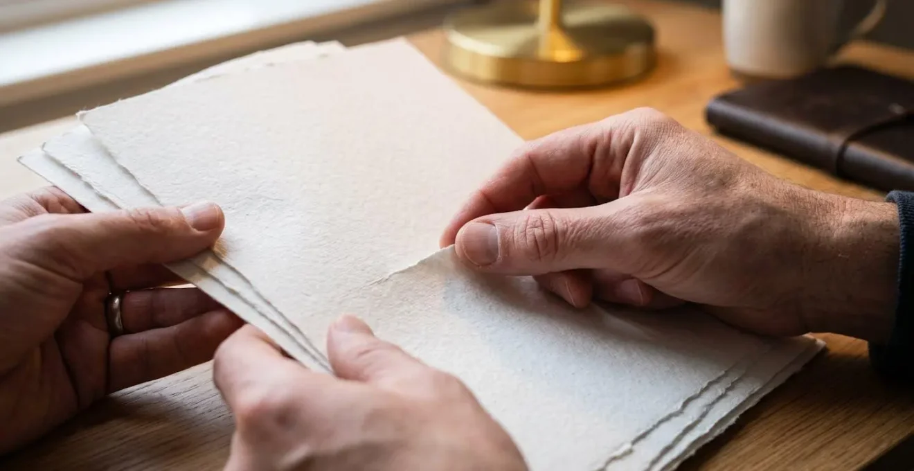 Close-up of hands carefully examining official employment documents with magnifying attention to detail under natural desk lamp lighting