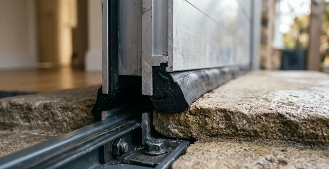 Close-up of professional flood barrier system installed at UK home entrance with water-resistant seal