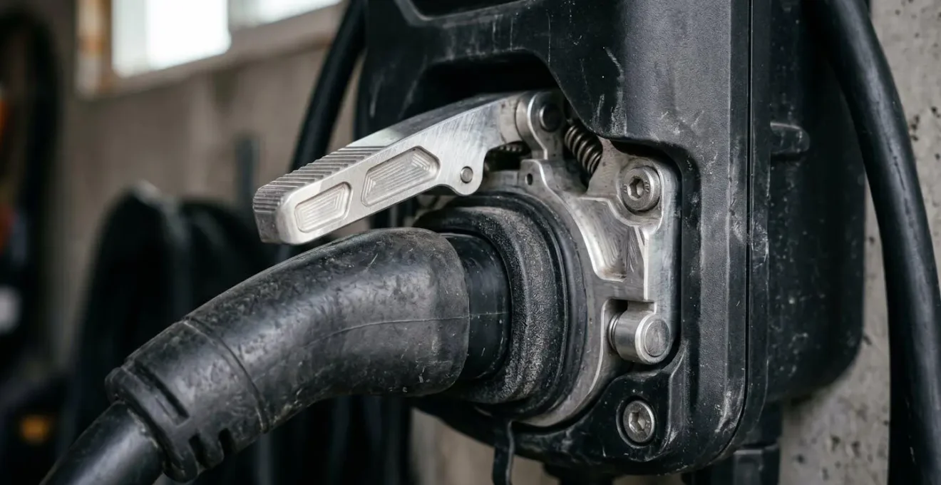 Close-up detail of secure electric vehicle home charging equipment installation with physical protection features