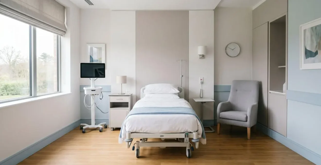 A private hospital recovery room showing a comfortable patient bed with soft natural lighting through a window