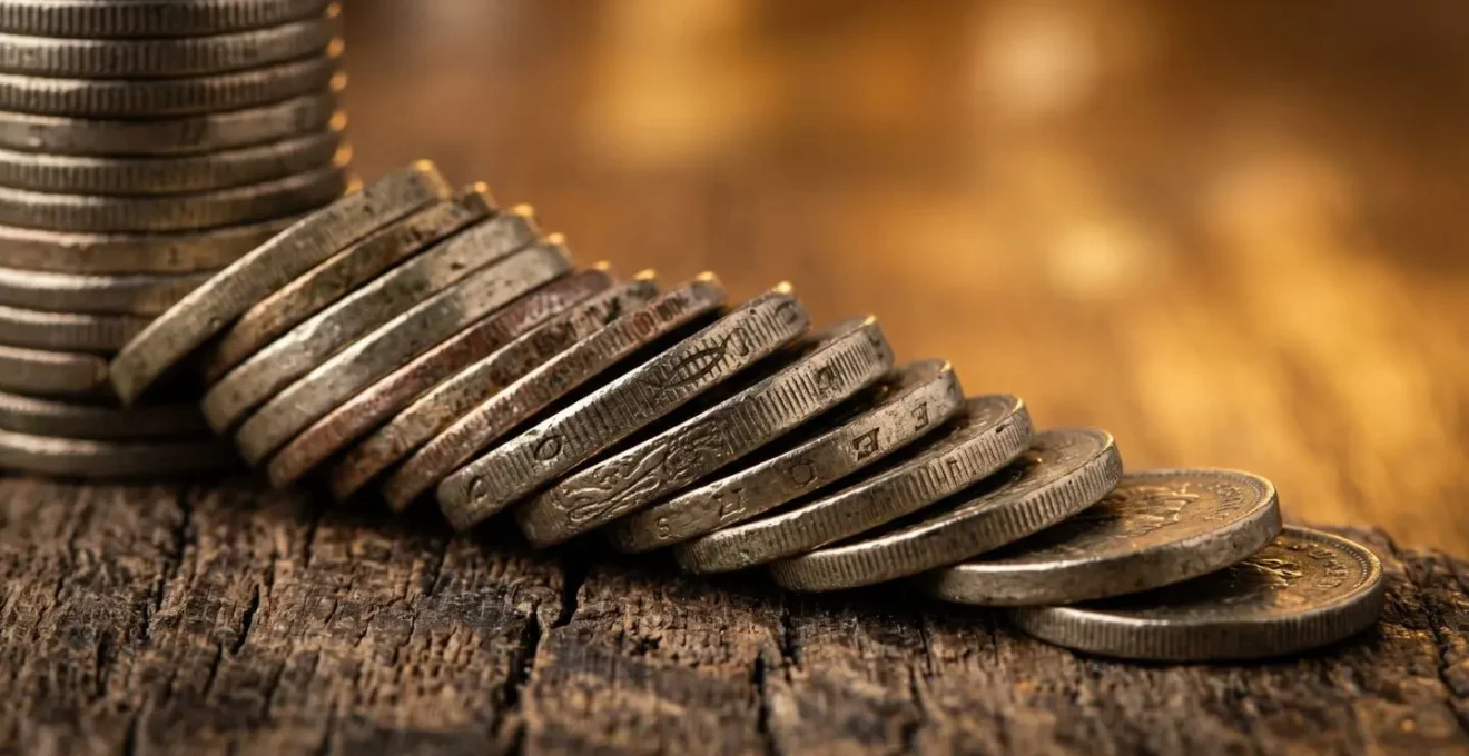 Macro photograph showing the erosion of purchasing power over time through a declining stack of coins.