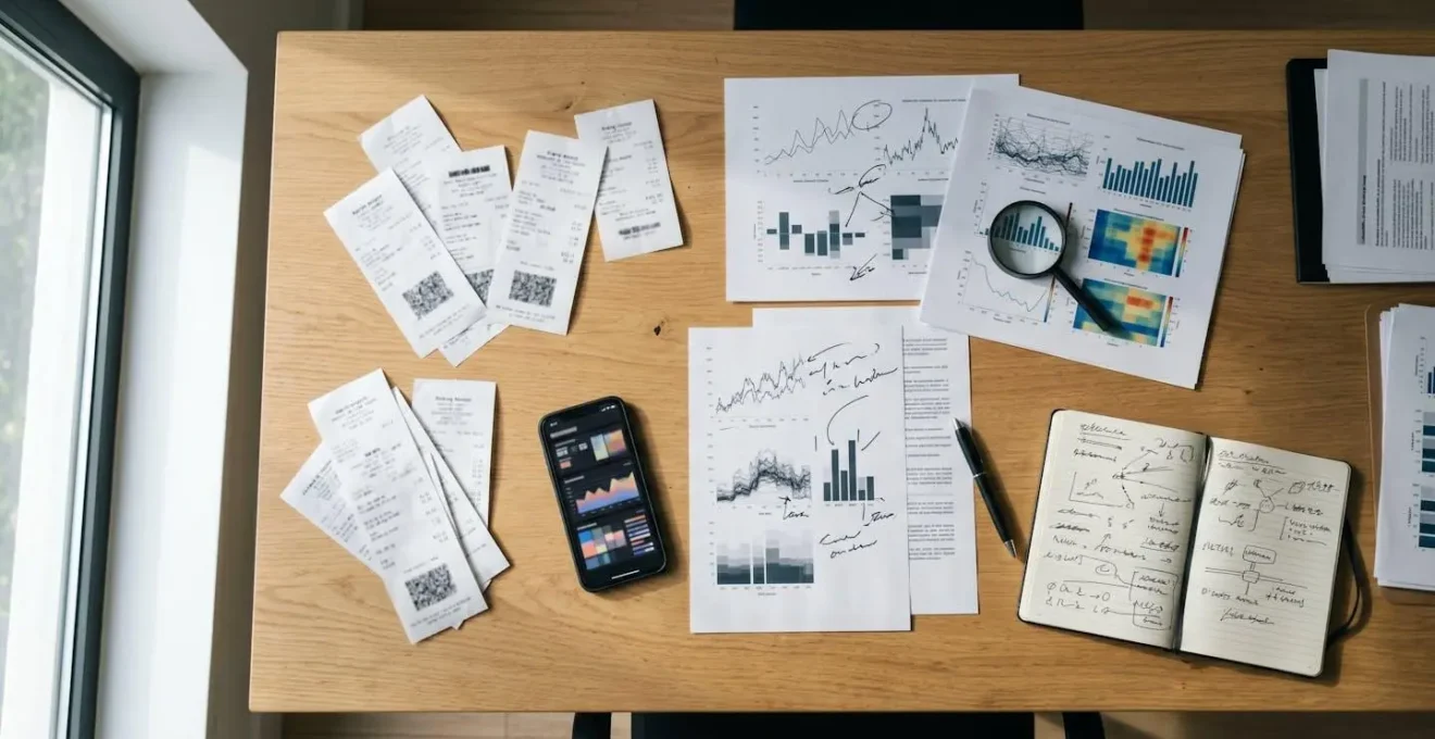 Overhead view of scattered evidence items on investigator desk including parking receipts and telematics data printouts in moody office lighting