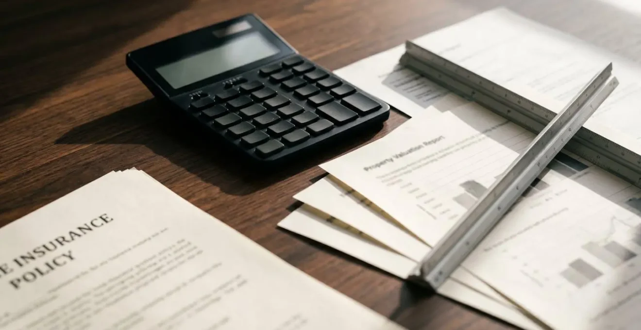 Overhead view of home insurance policy and property valuation documents with calculator on desk