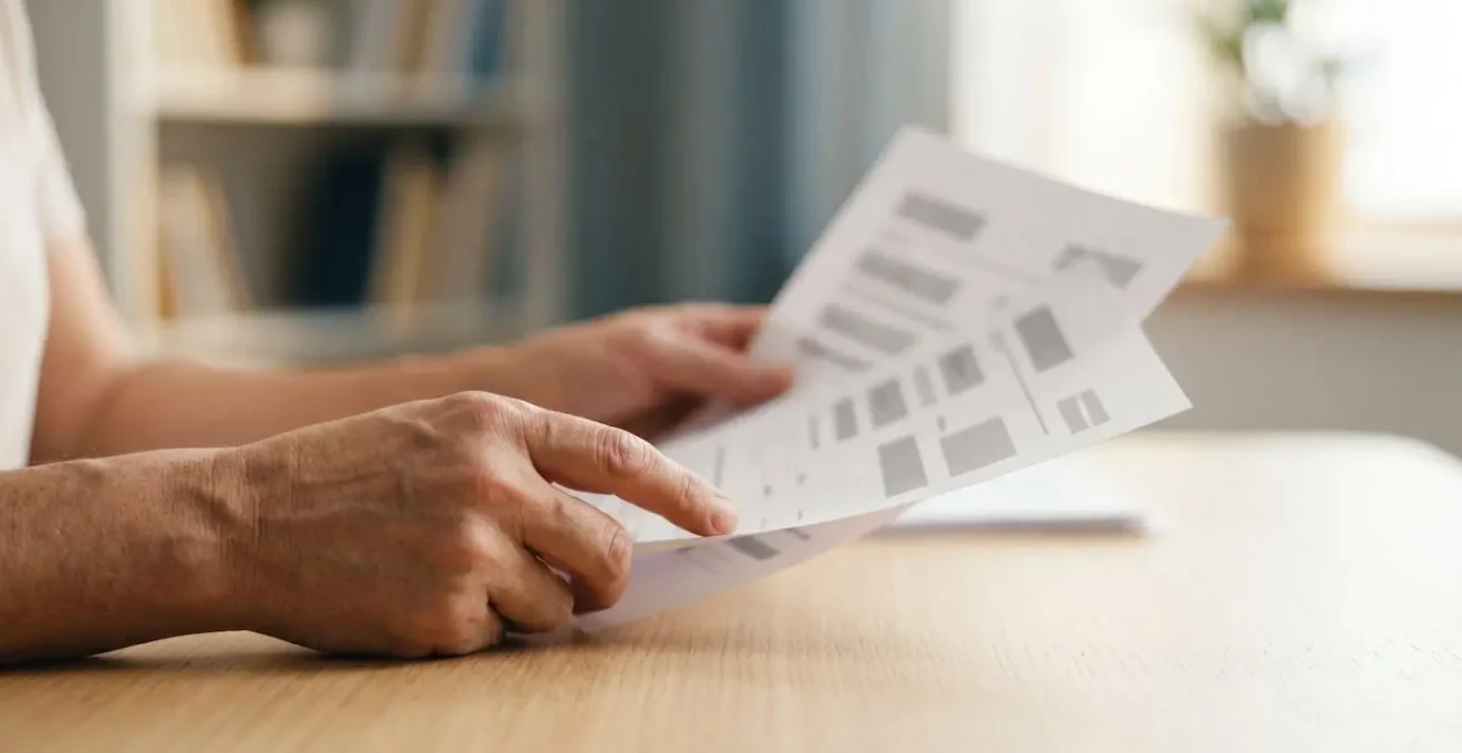 Close-up of hands reviewing medical authorization paperwork with hospital admission forms