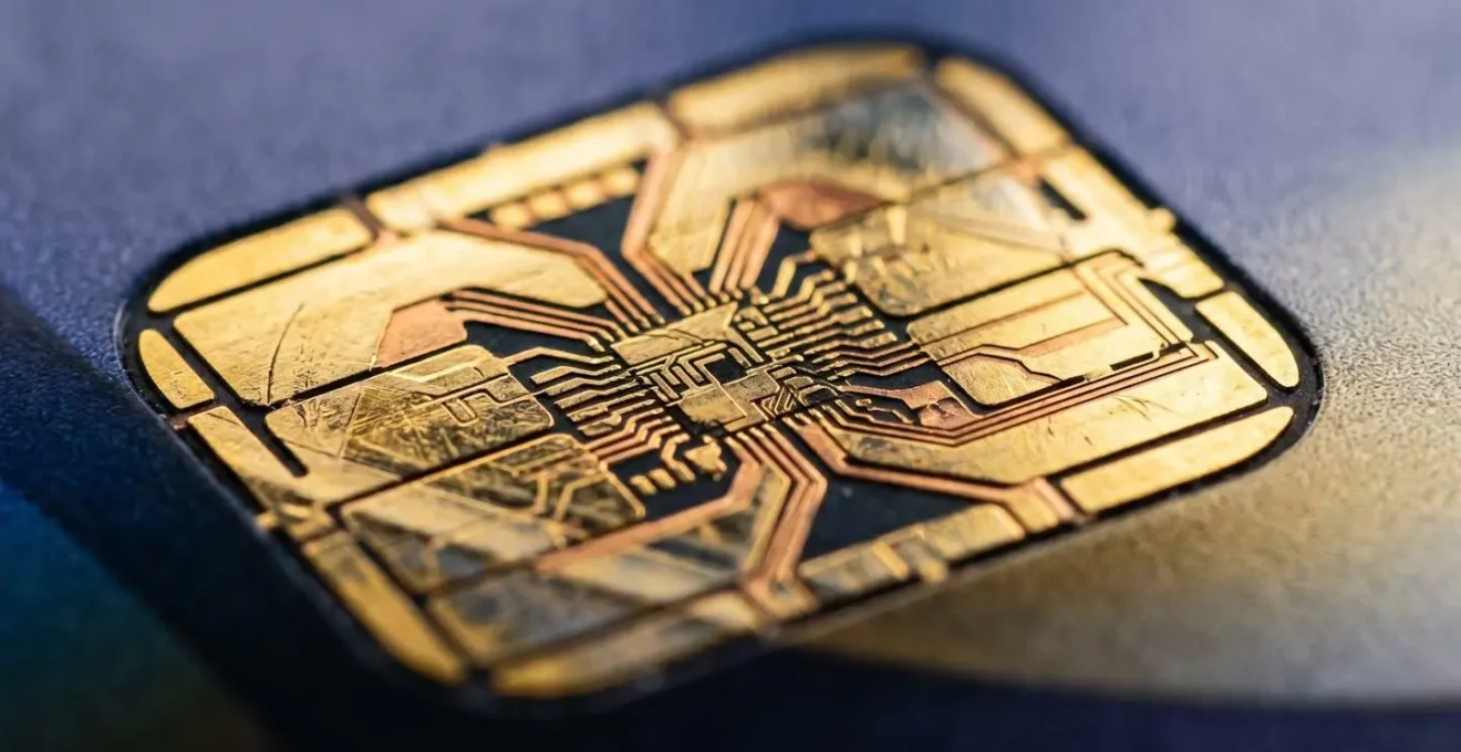 Extreme macro photograph of a bank card chip showing intricate circuit patterns and metallic textures, symbolizing the technical nature of automated card testing fraud