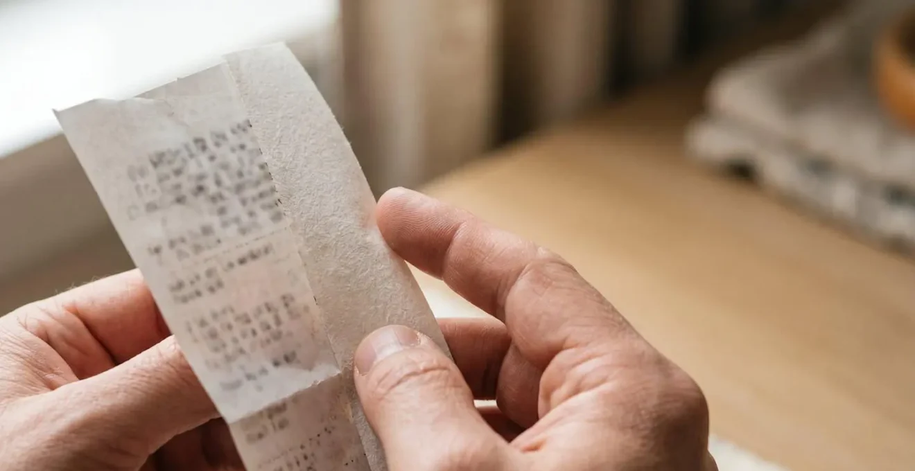Close-up of hands carefully reviewing an optical receipt before digital claim submission