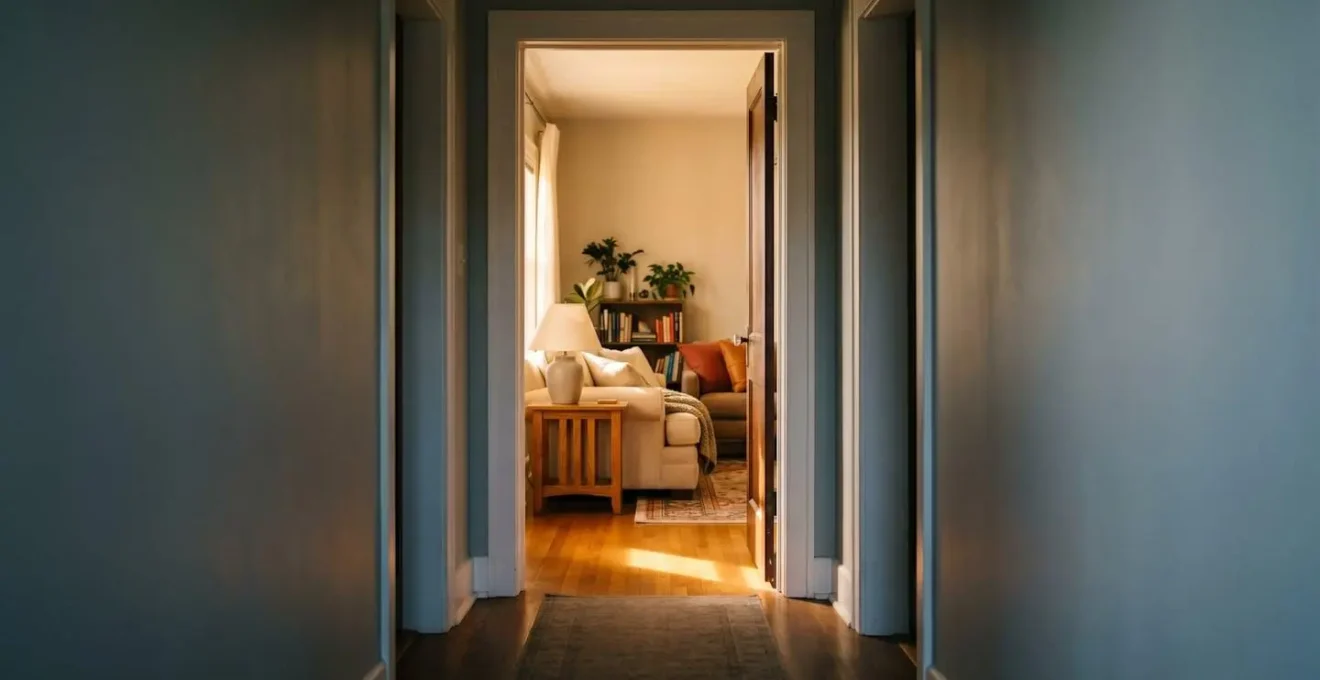 Symbolic representation of interconnected support showing warm light filtering through an open doorway into a welcoming home interior suggesting access to multiple benefits