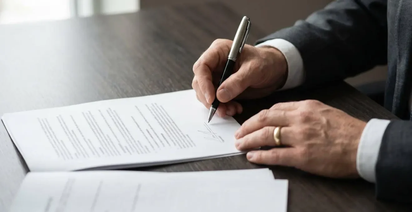 Close-up of business director's hands reviewing legal contract with pen, symbolizing personal guarantee decision moment
