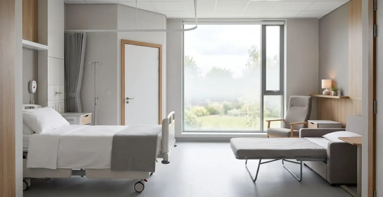 Modern private hospital room interior showing patient bed and additional companion seating area with natural lighting