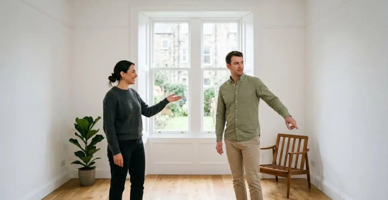 Landlord and tenant walking through well-maintained rental property during collaborative inspection with natural daylight