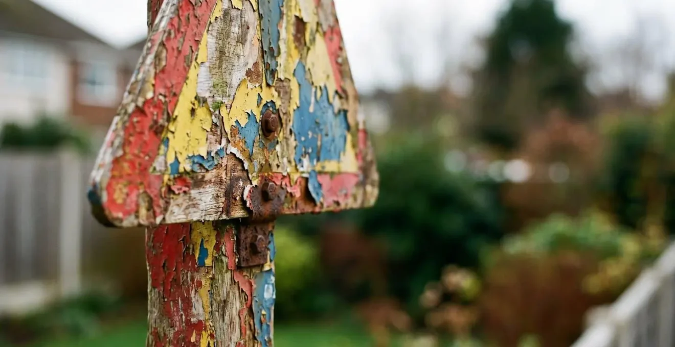 Macro close-up of warning sign post texture with weathered surface against blurred residential property background