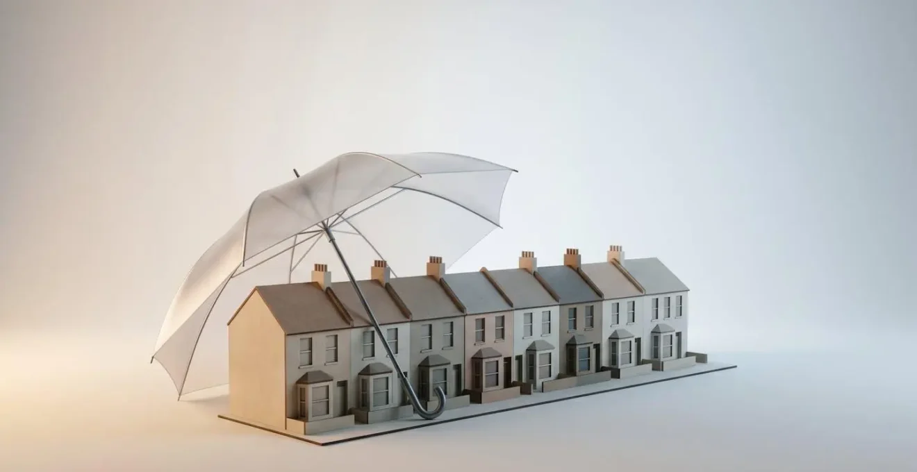 Minimalist wide-angle composition showing protective umbrella symbolism over residential property investment portfolio in muted natural lighting