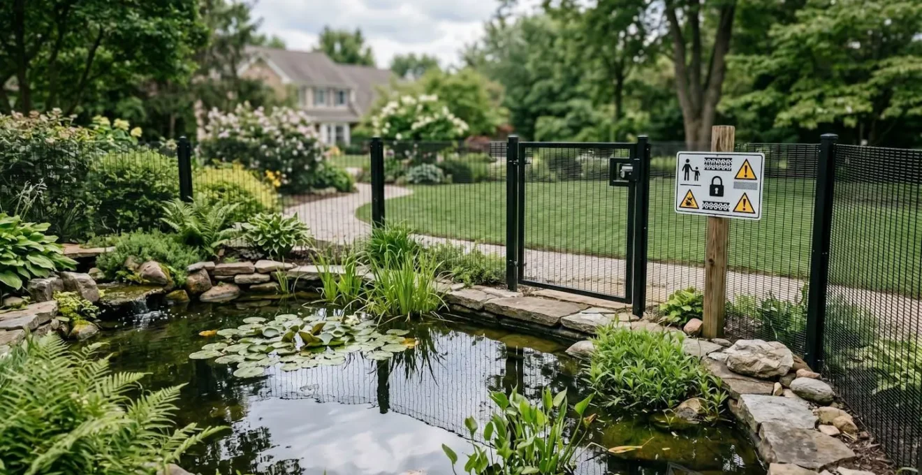 Residential garden pond with safety fencing and natural security barriers in place