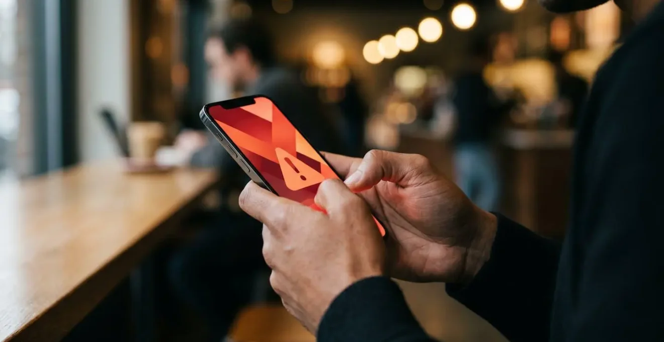 Close-up of hands holding smartphone receiving instant security notification with immediate response gesture
