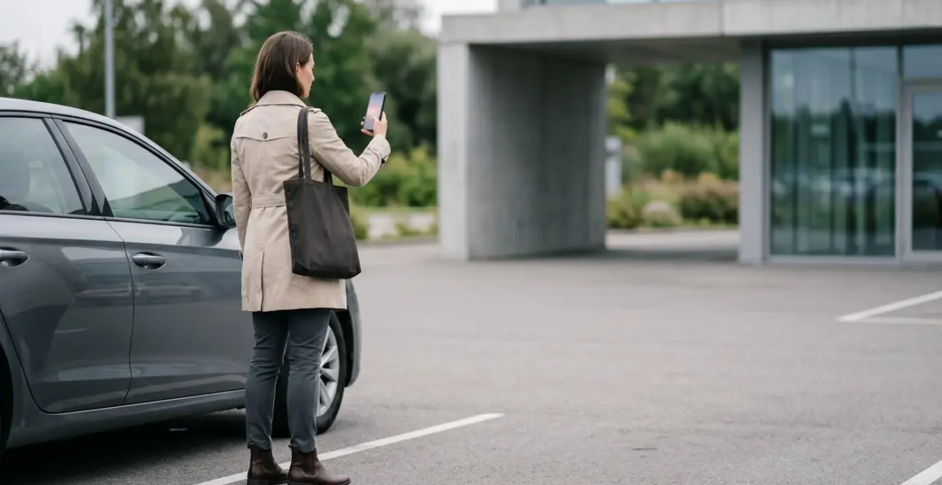 A person methodically documenting a car's condition with a smartphone, embodying the role of a careful inspector in a rental car park.