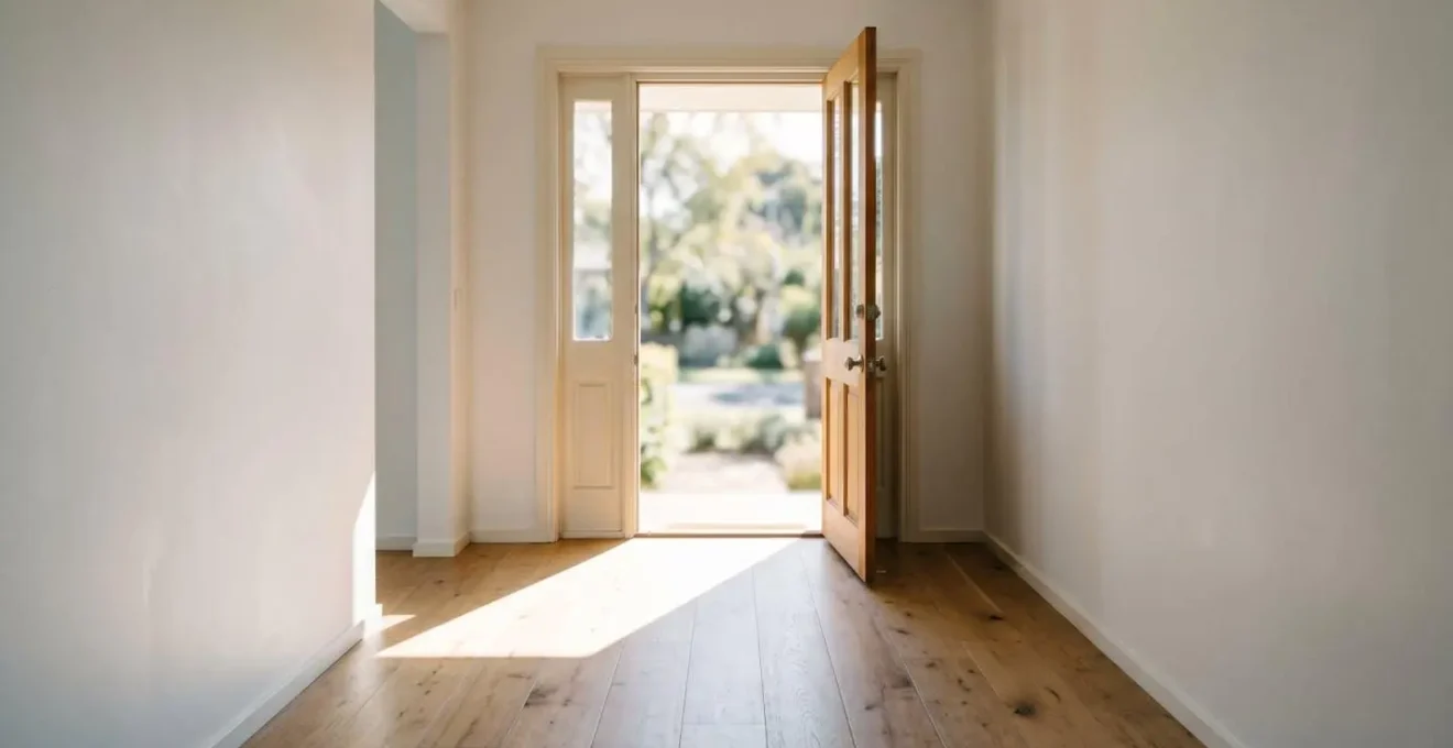 Wide environmental shot of an open door with natural light streaming in, symbolizing vulnerability and exposure created by oversharing location information on social media