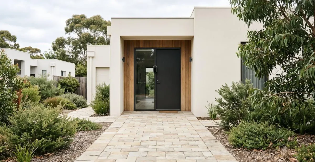Video doorbell installed at eye level on residential entrance with visible deterrent positioning
