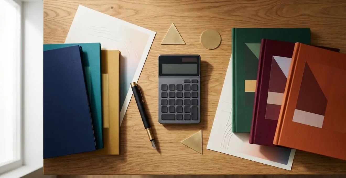 Overhead view of financial planning workspace with calculator, structured documents and organized folders representing tax strategy decisions