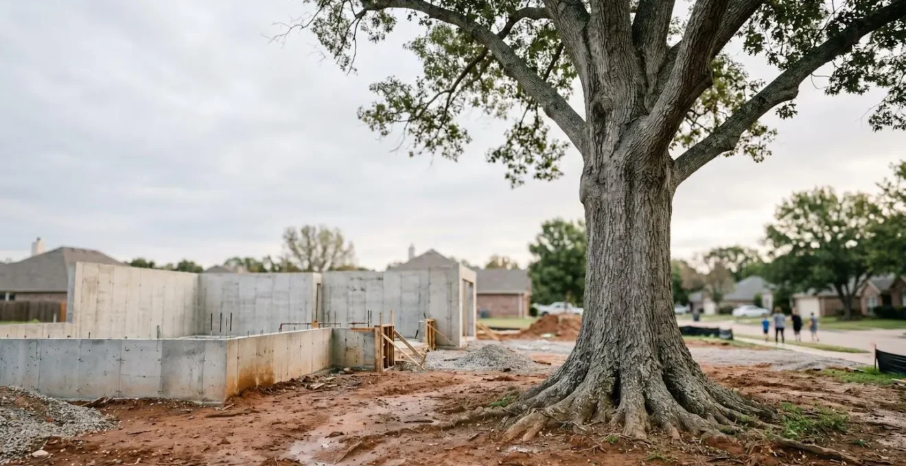 Tree root system spreading underground near residential foundation showing zone of influence